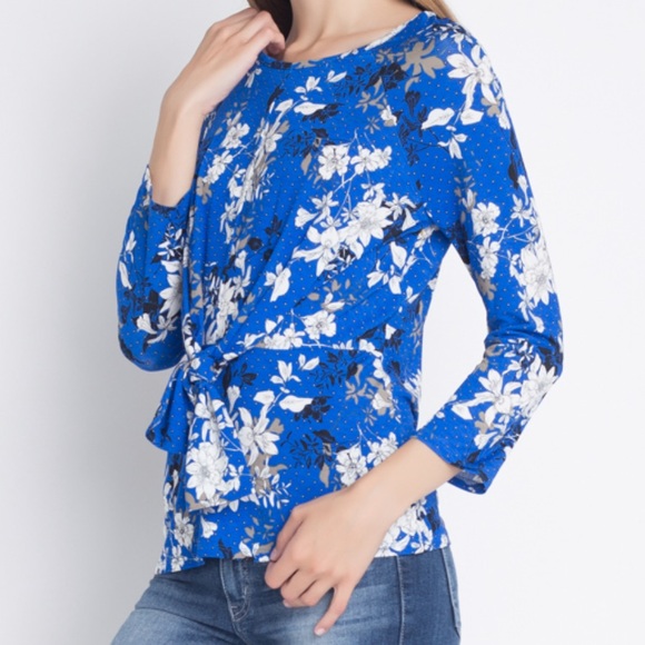 Floral royal blue tie top - Picture 2 of 6